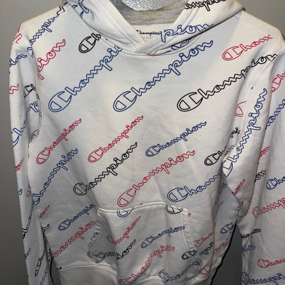 Champion Men's White Hoodie with Multicolor Logo